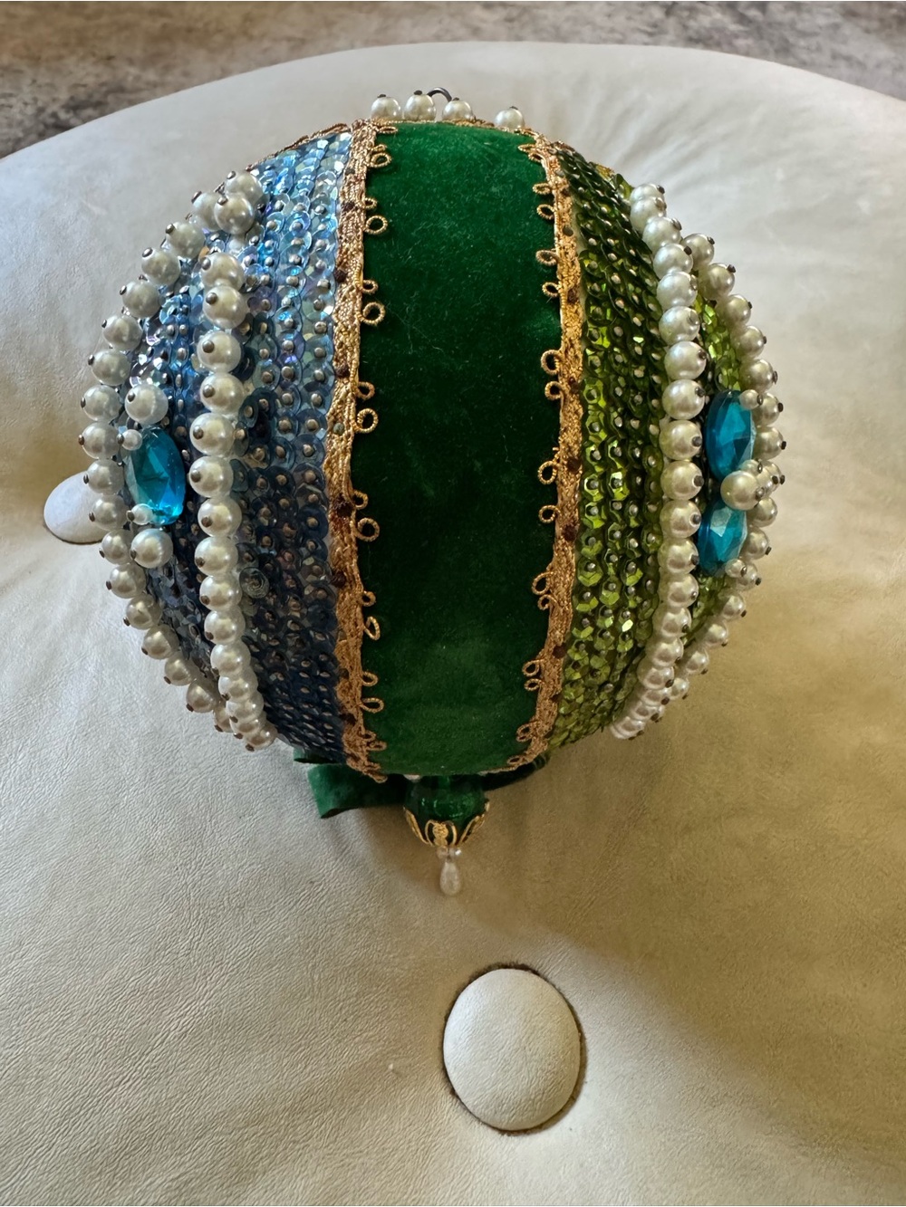 Vintage large push pin Beaded Green and Blue Velvet Ornament